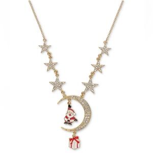 Festive Gold-Tone Pavé Star, Moon & Santa Lariat Necklace, 18" + 3" extender